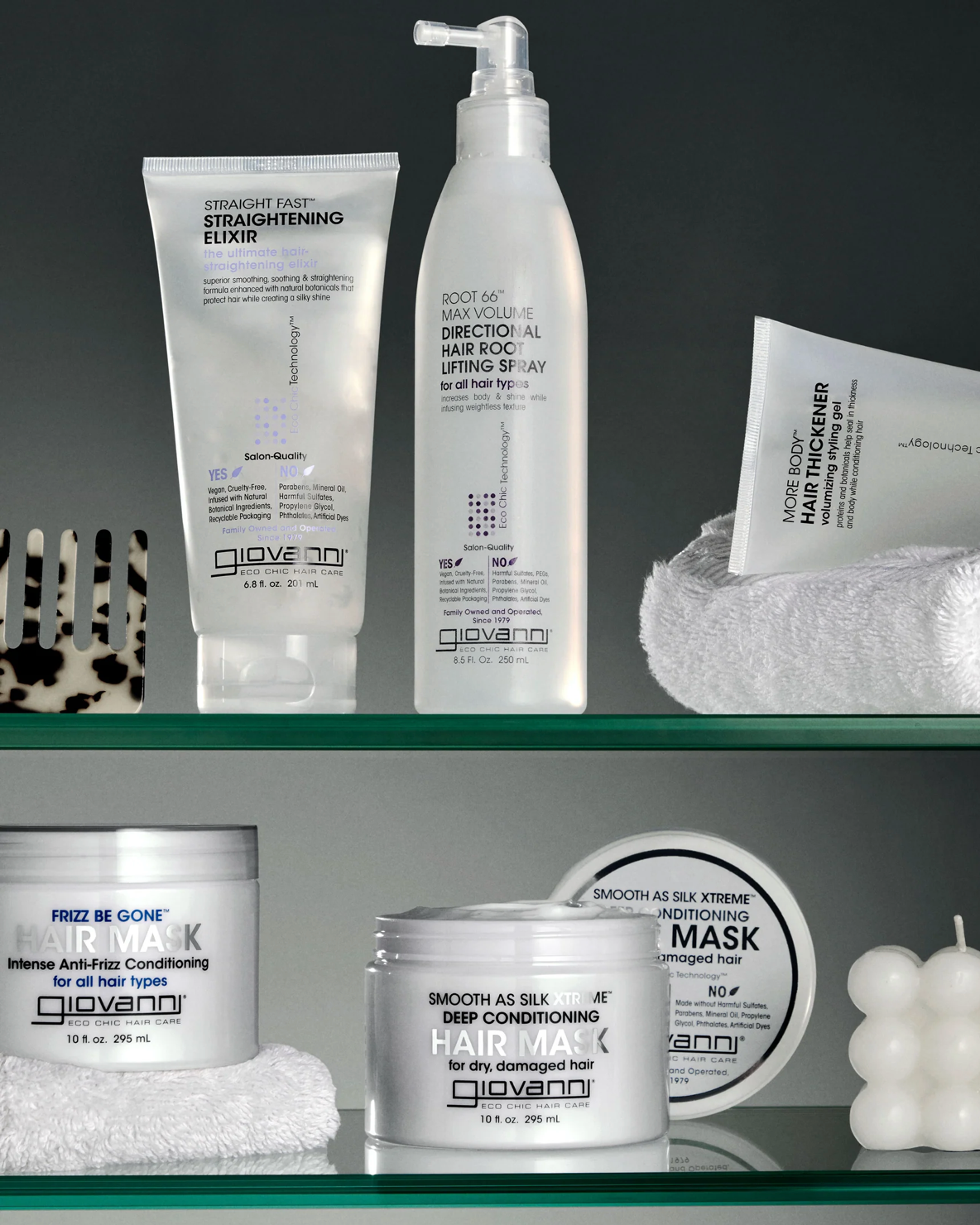 Giovanni hair care products on a shelf with a dark background