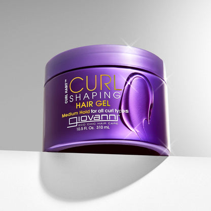 Purple jar of Giovanni Curl Shaping Hair Gel on a gray background