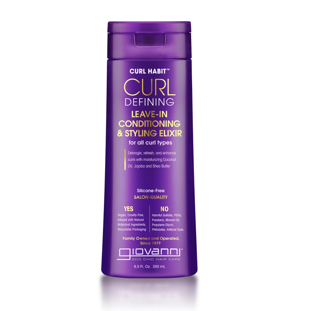 Purple bottle of Giovanni Curl Habit Curl Defining Leave-In Conditioning & Styling Elixir on a white background