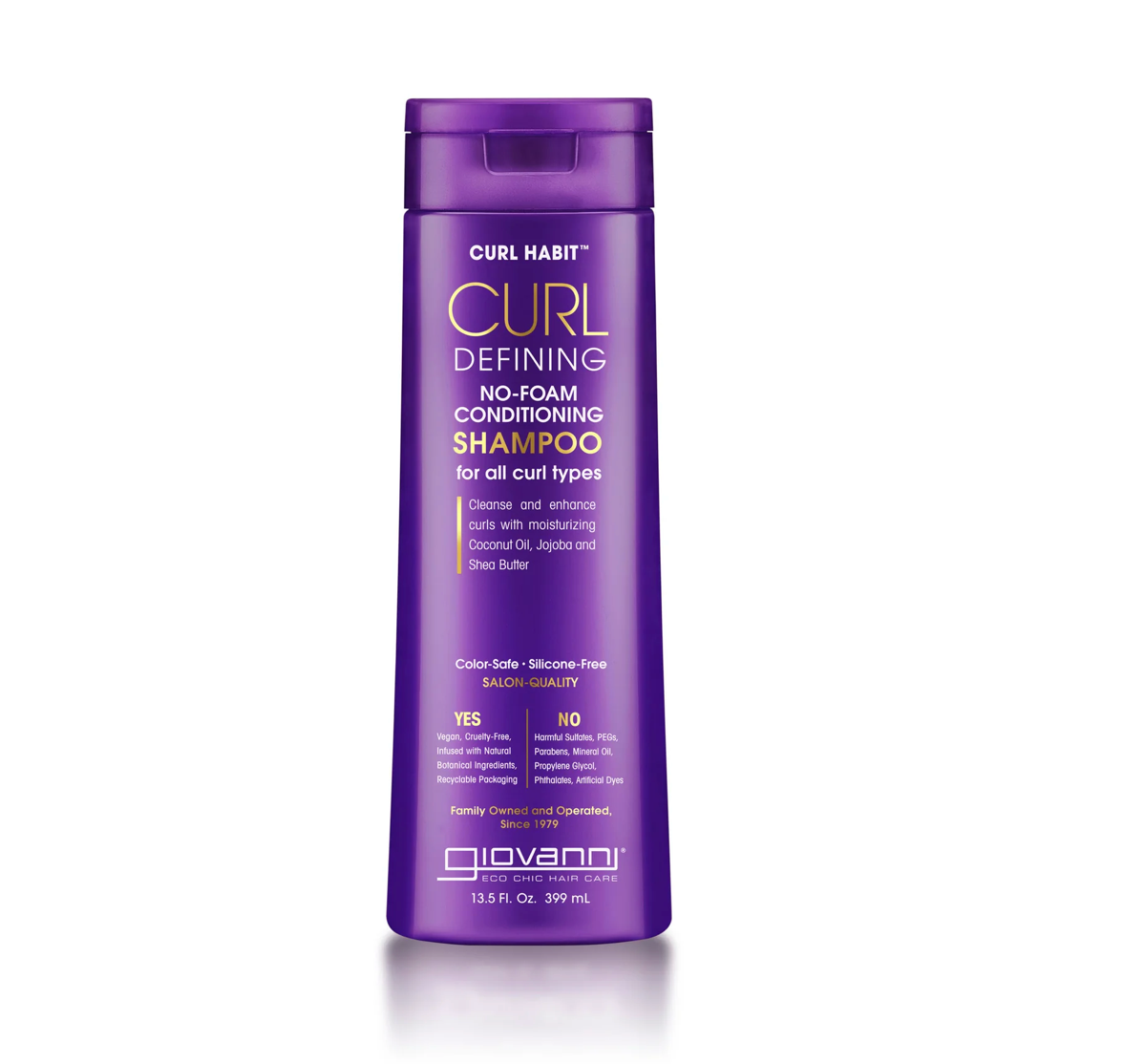 Purple shampoo bottle labeled 'Giovanni Curl Defining' on a white background