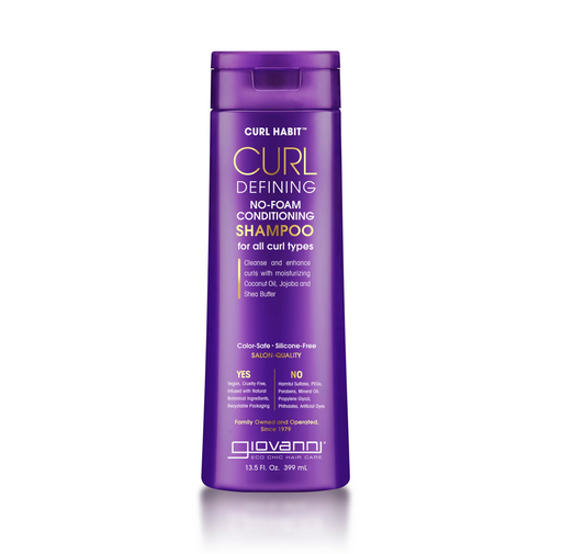 Purple shampoo bottle labeled 'Giovanni Curl Defining' on a white background