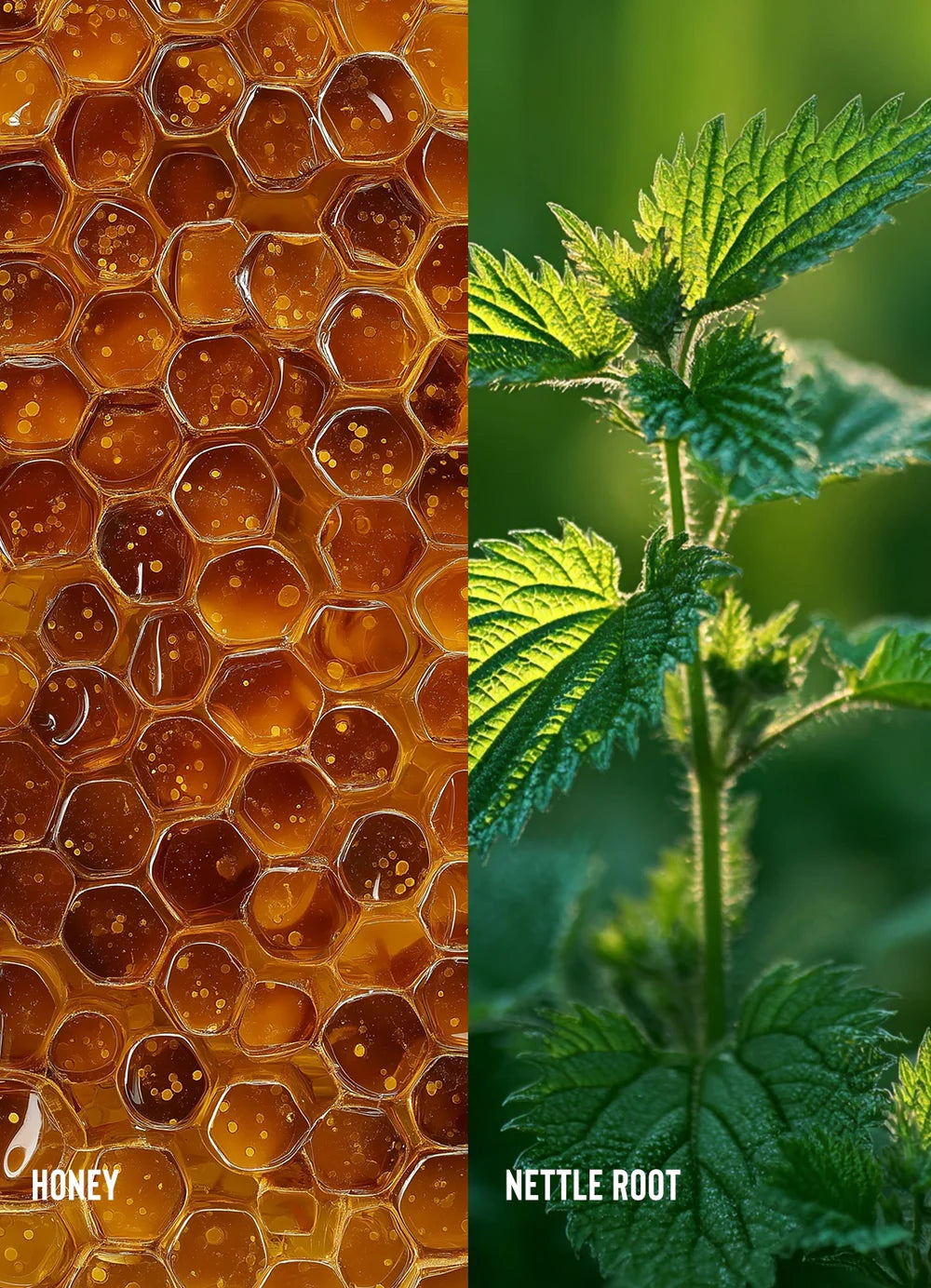 Two images side by side: honeycomb with honey on the left and nettle plant on the right.