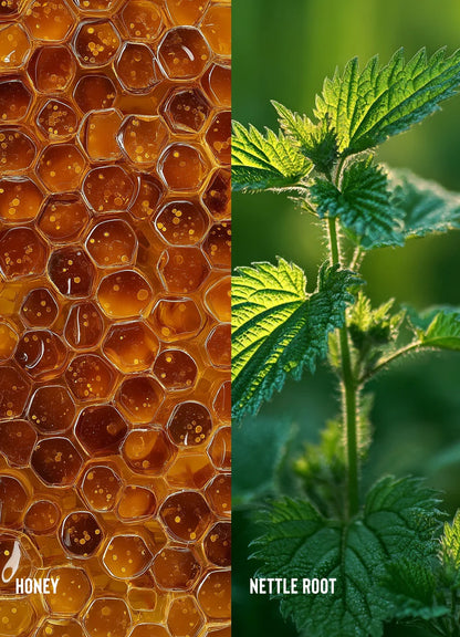 Two images side by side: honeycomb with honey on the left and nettle plant on the right.