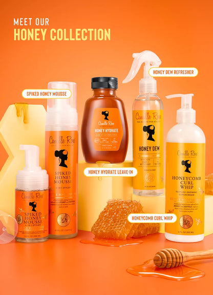 Collection of hair care products with 'Meet Our Honey Collection' text on an orange background.