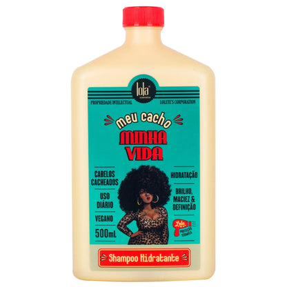 Shampoo bottle with a colorful label featuring text and an image of a woman on a white background