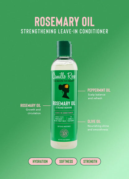 A bottle of Camille Rose Rosemary Oil Strengthening Leave-In Conditioner centered on a green gradient background with text callouts describing ingredients and benefits.