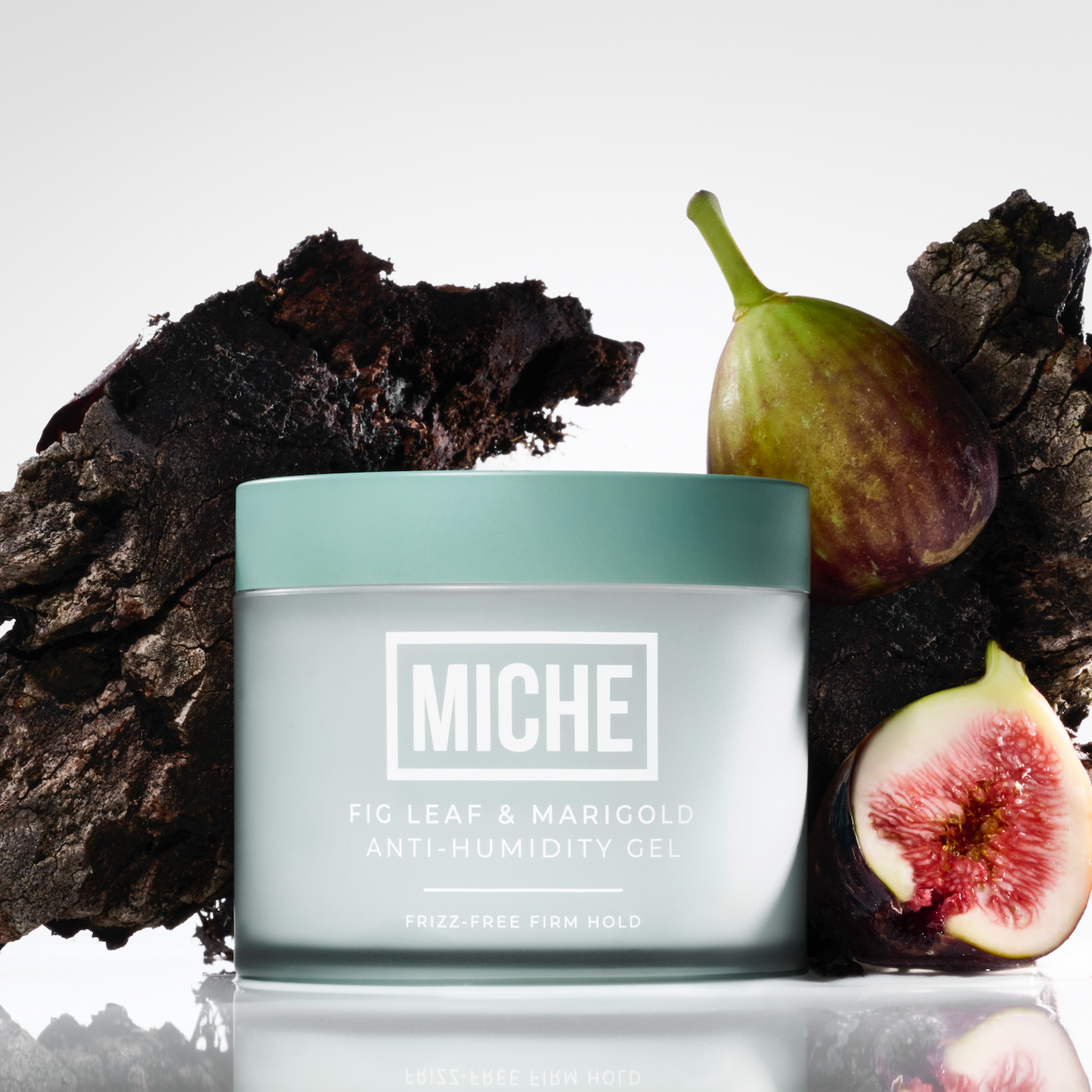 Miche Fig Leaf & Marigold Anti-Humidity Gel jar with figs on a textured background