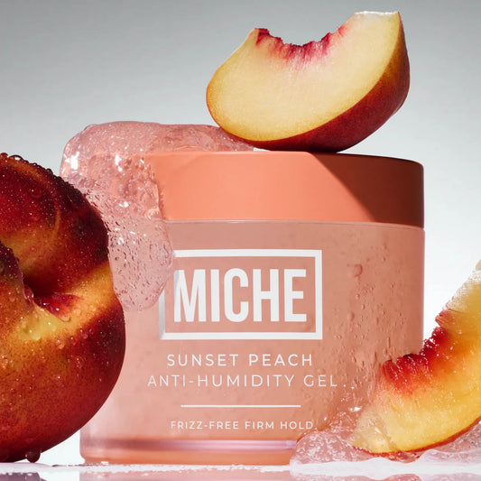 Miche sunset peach anti-humidity gel with peaches on a light gray background