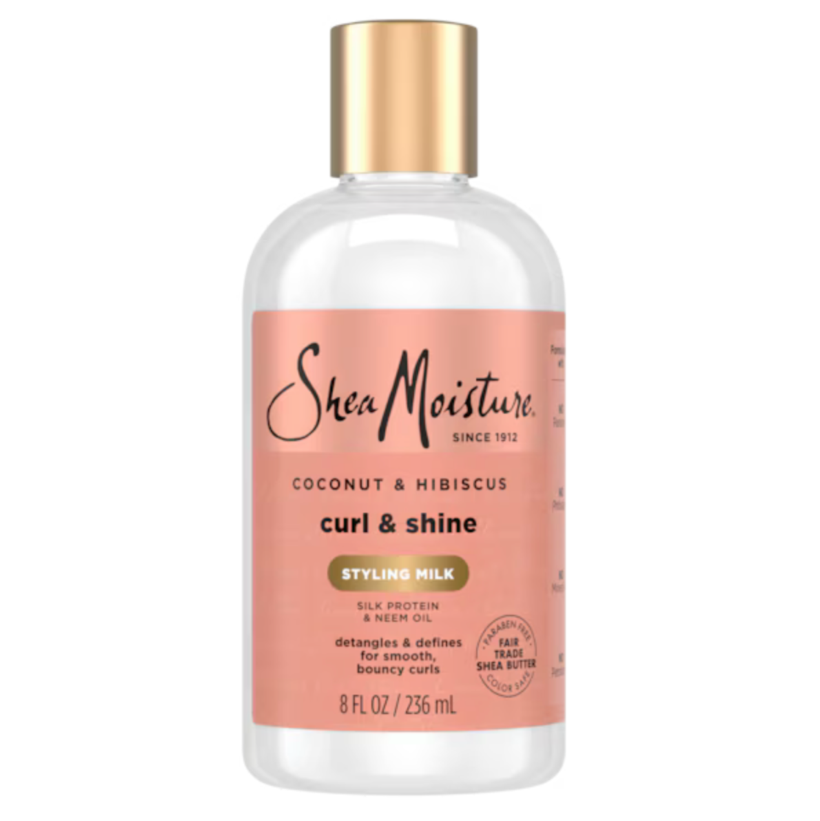 Shea Moisture coconut & hibiscus curl & shine styling milk bottle on a white background