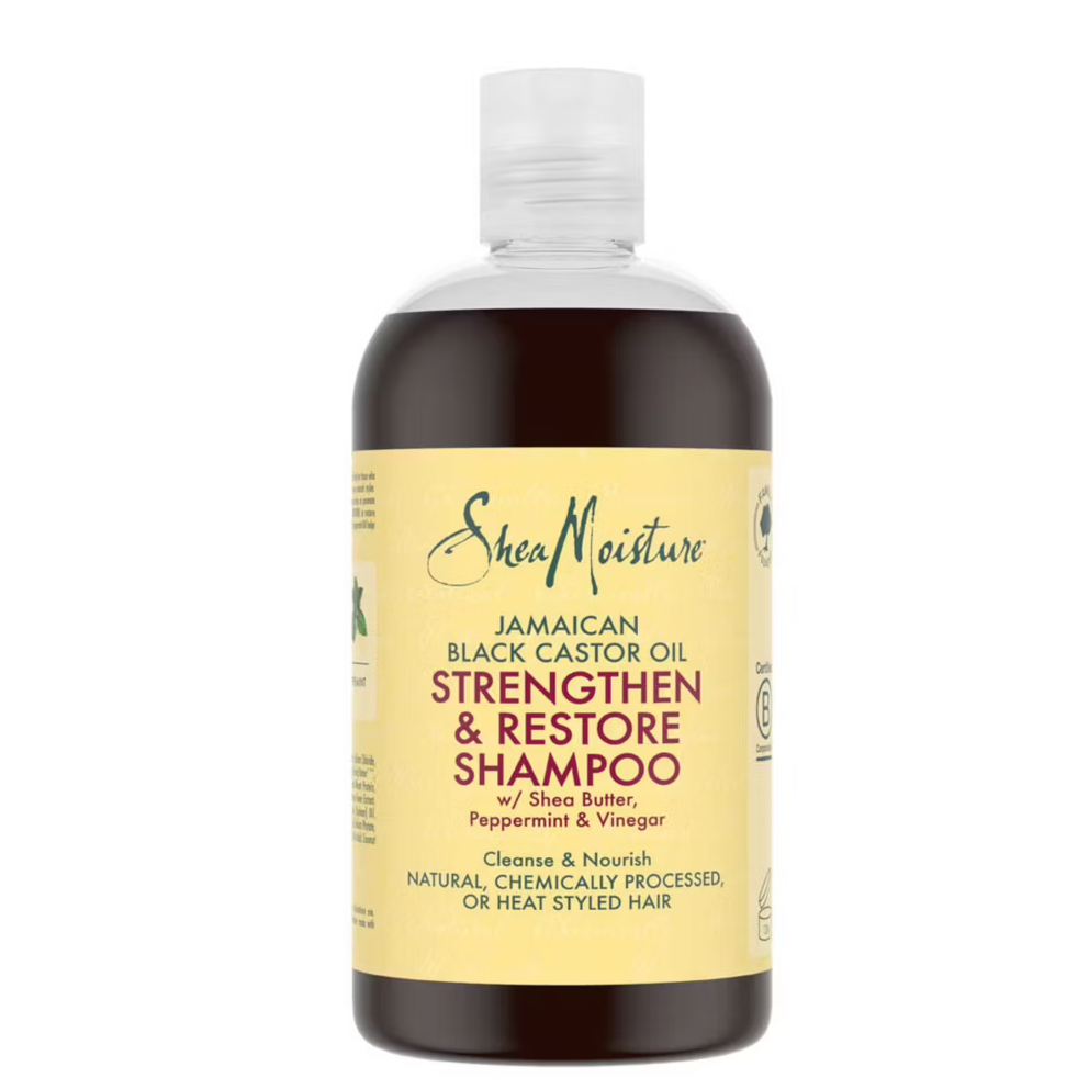 SheaMoisture Jamaican Black Castor Oil Strengthen & Restore Shampoo bottle on a white background