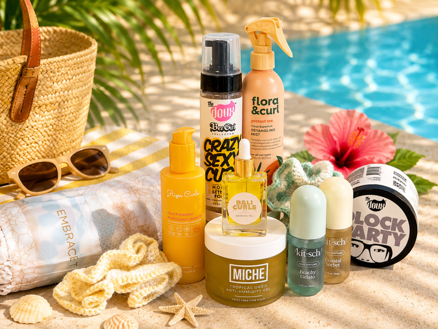 Collection of hair care products with a pool and beach accessories in the background