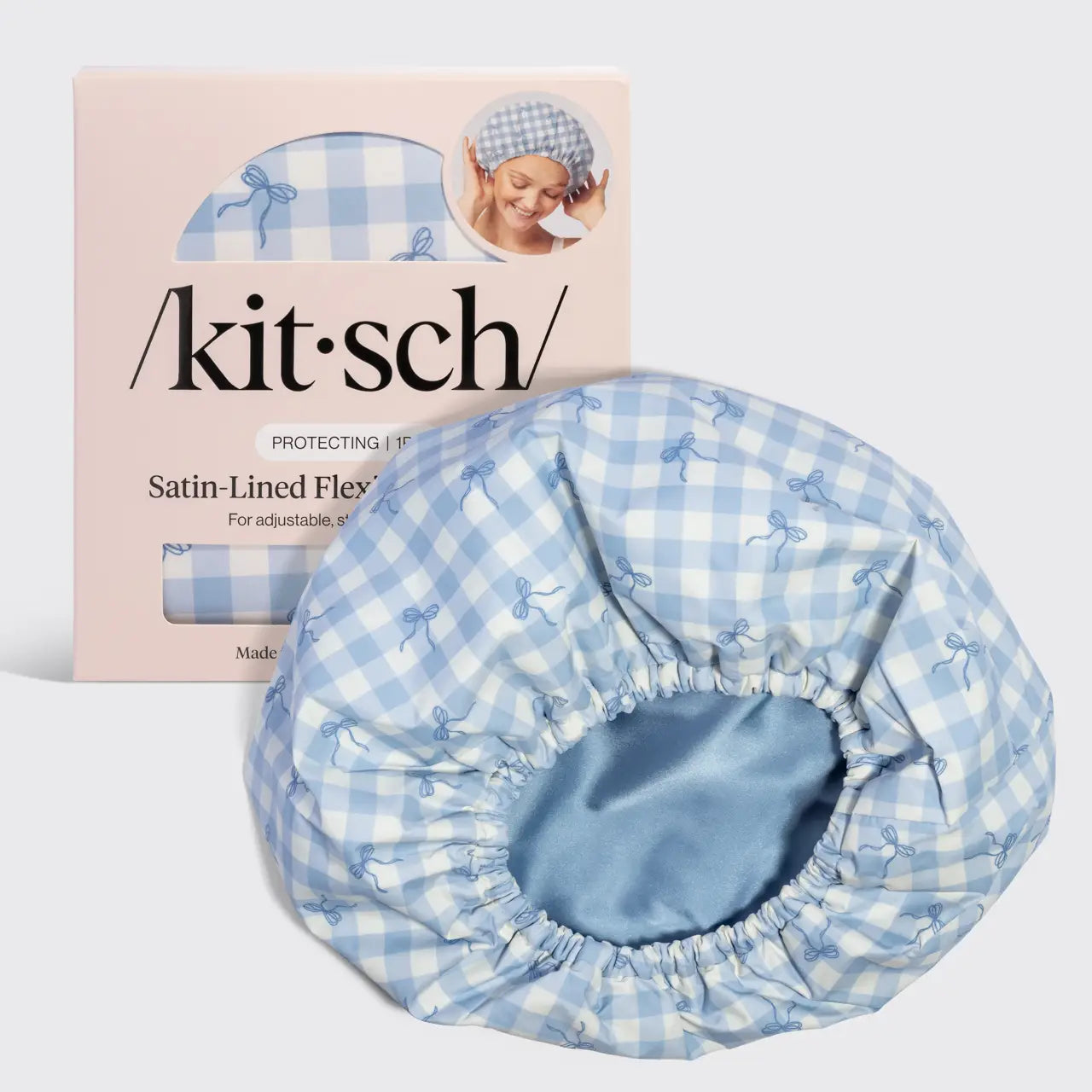 Kitsch Satin Lined Flexi Shower Cap- Gingham Blue