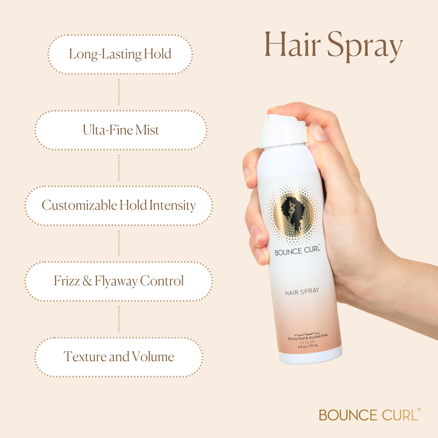 Bounce Curl hair spray bottle held by a hand with product features listed on a beige background