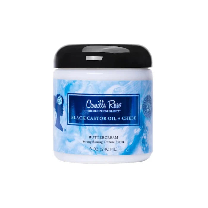 A white plastic jar of Camille Rose Black Castor Oil + Chebe Buttercream Strengthening Texture Butter with a black lid and a blue marbled label, shown on a plain white background.