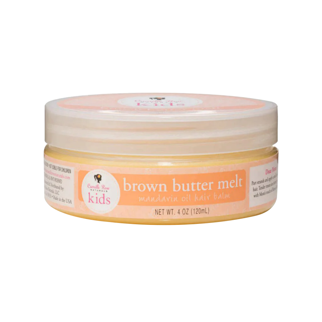 Jar of 'Brown Butter Melt' hair balm for kids on a white background