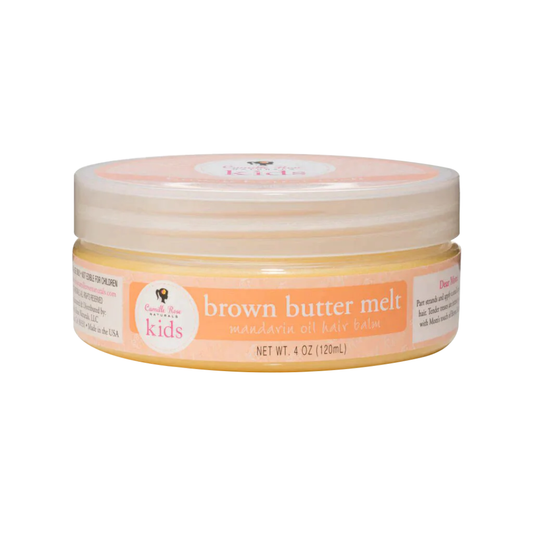 Jar of 'Brown Butter Melt' hair balm for kids on a white background