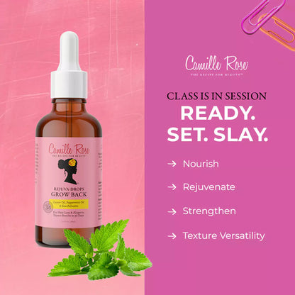 Camille Rose hair oil bottle with dropper on a pink and purple background