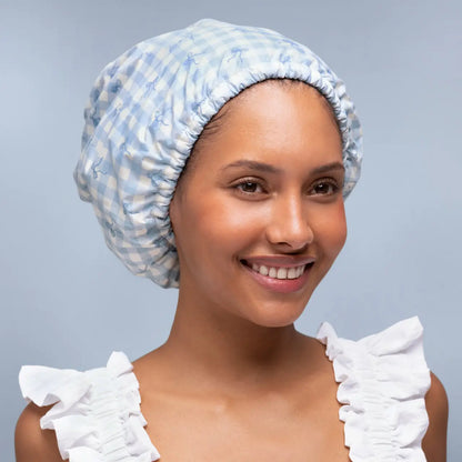 Kitsch Satin Lined Flexi Shower Cap- Gingham Blue
