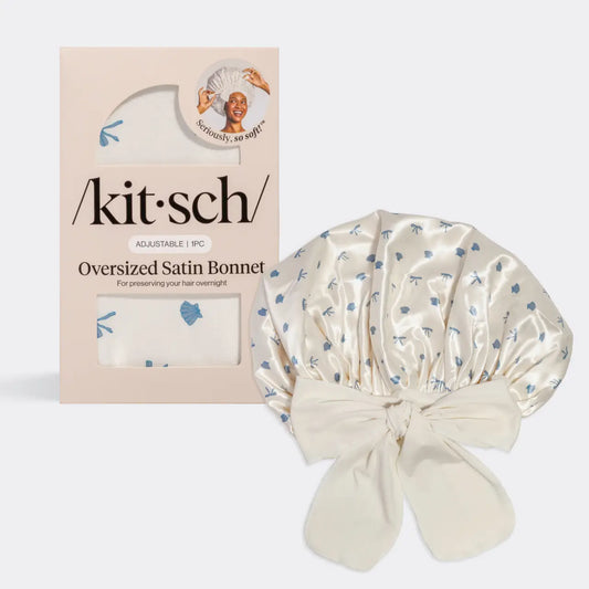 Kitsch Adjustable Oversized Satin Bonnet- Pearlized Cream & Coastal Blue