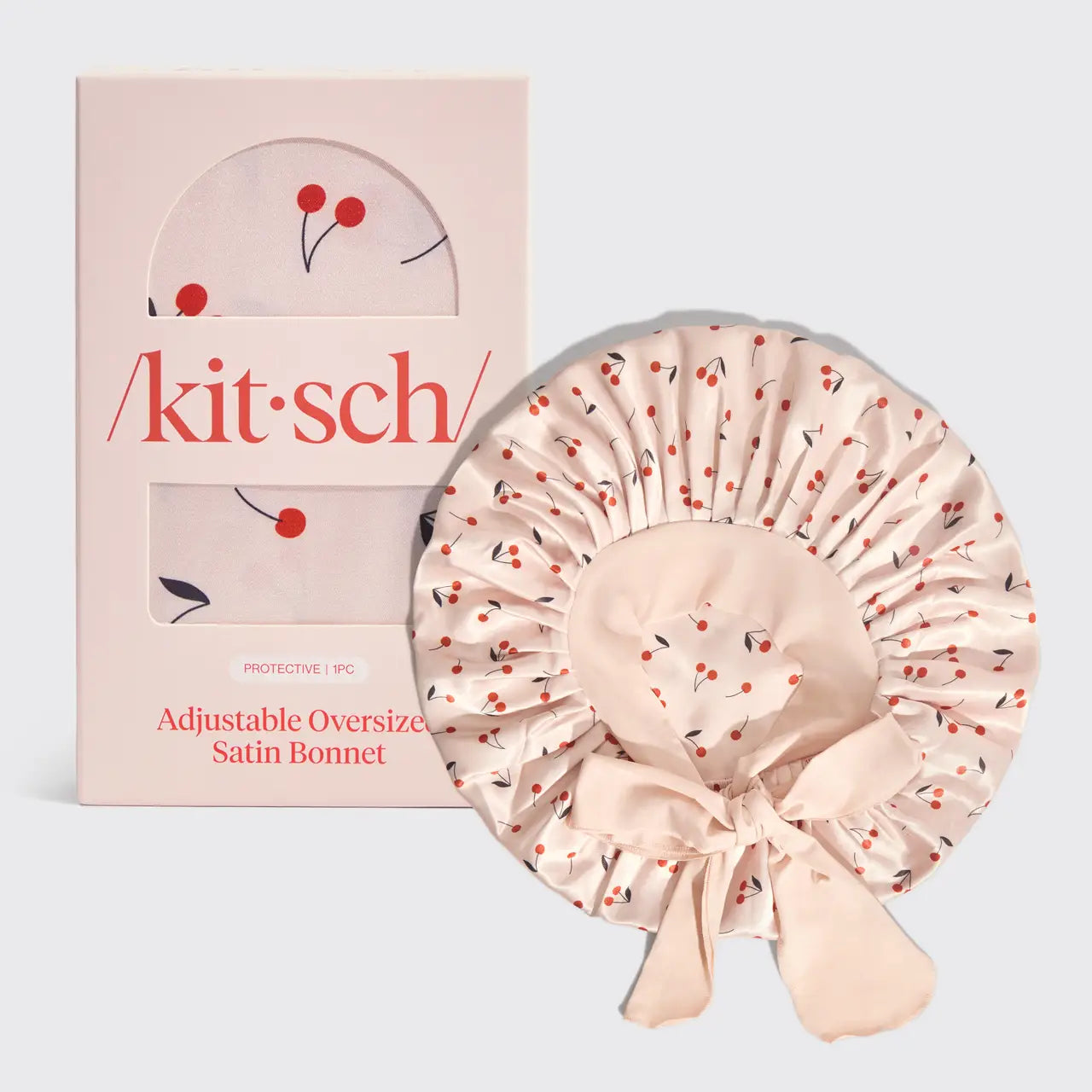 Kitsch Adjustable Oversized Satin Bonnet-Cherry Print