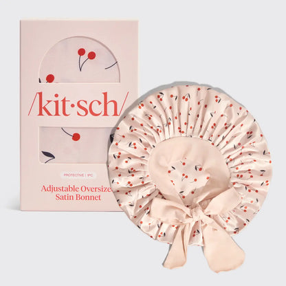 Kitsch Adjustable Oversized Satin Bonnet-Cherry Print