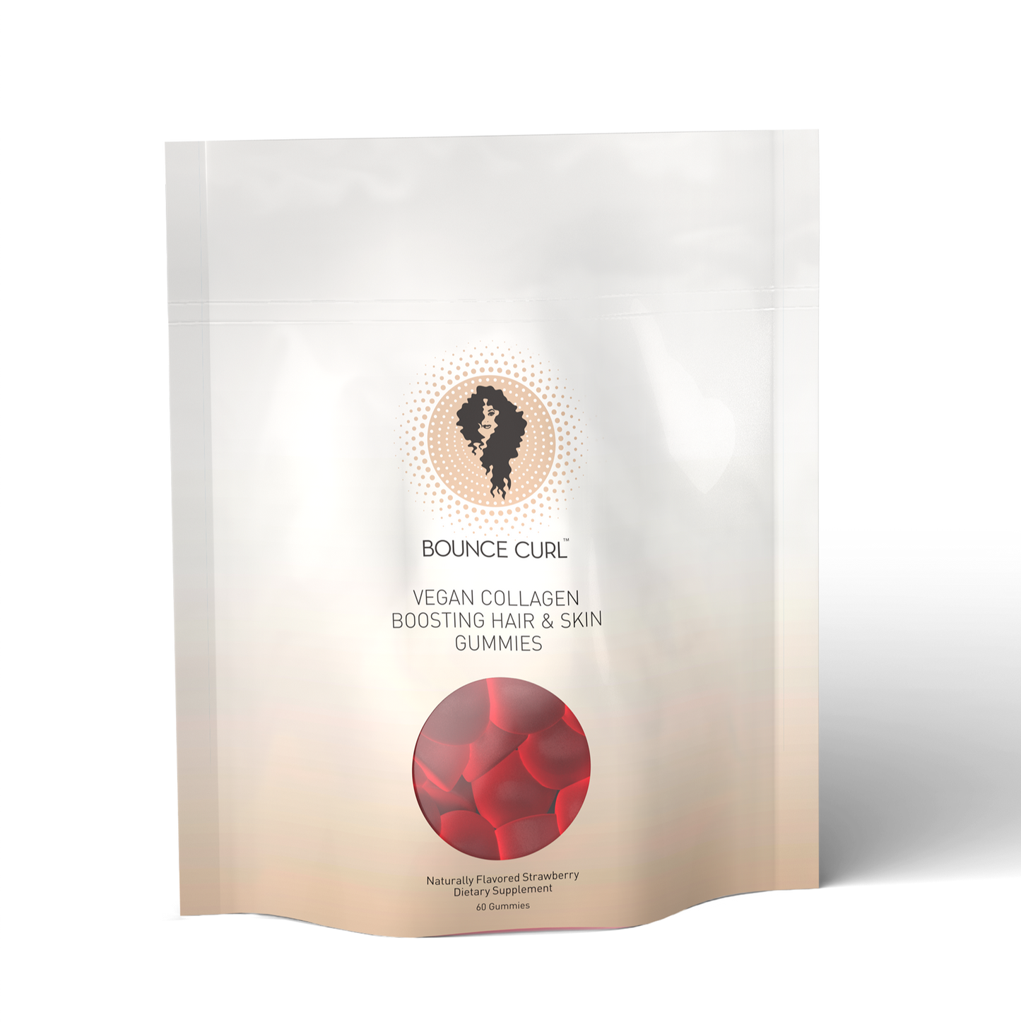 Product packaging with a label featuring a woman's silhouette and red circular design on a white background