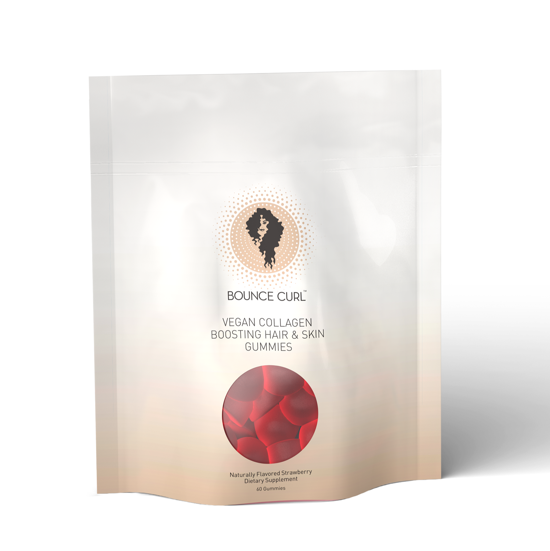 Product packaging with a label featuring a woman's silhouette and red circular design on a white background