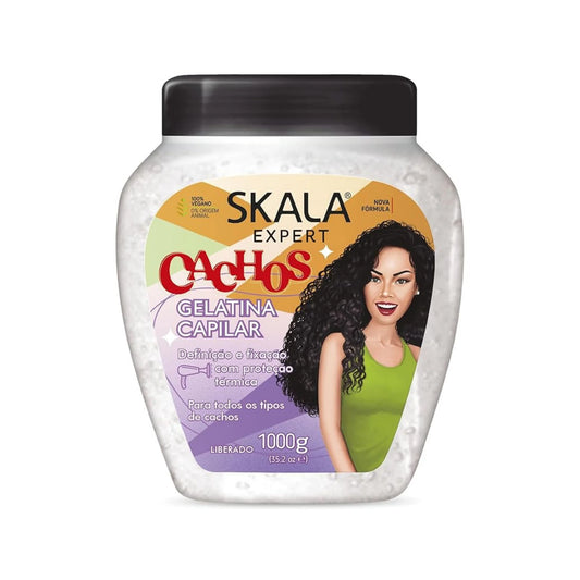 Skala Expert Cachos hair product jar with a woman's image on a white background