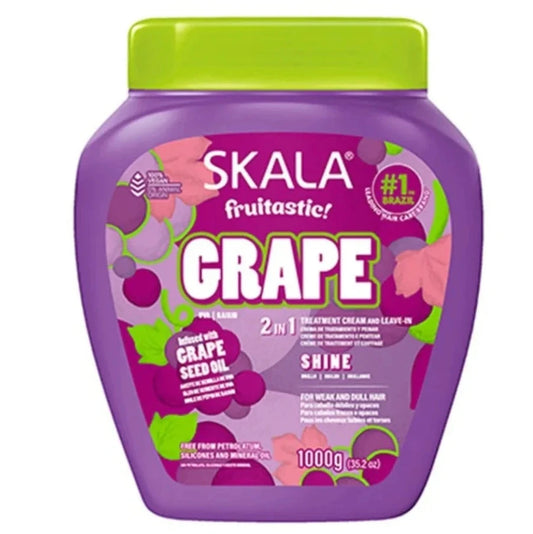 Purple Skala hair care product jar with green lid on a white background