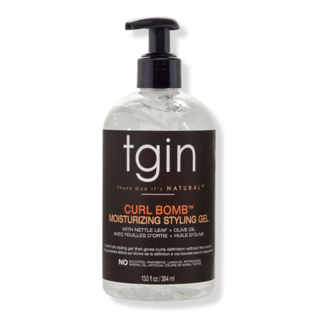 tgin Curl Bomb moisturising styling gel bottle on a white background