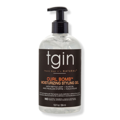 tgin Curl Bomb moisturising styling gel bottle on a white background